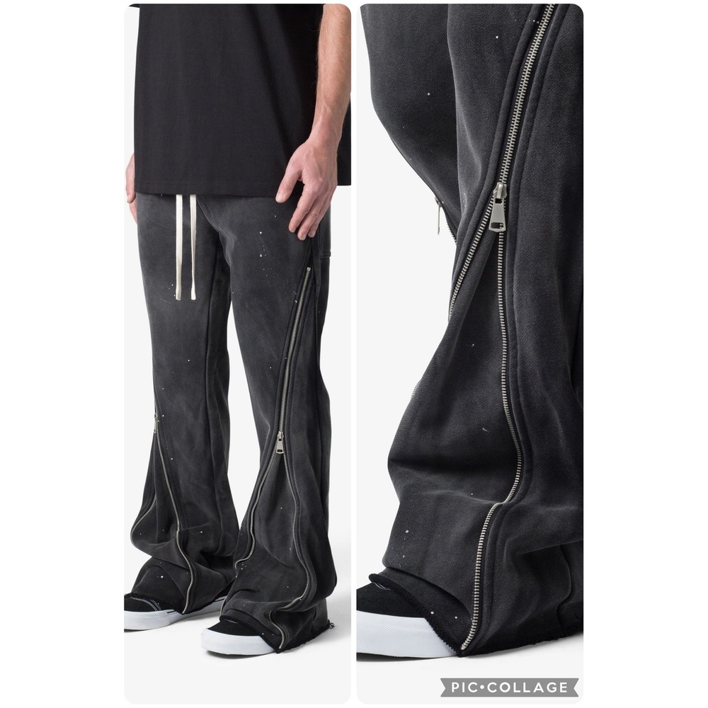 (B6) MNML Men Washed Black Gray Flare Zip Sweatpants Paint Splatter L 32 34 NWOT